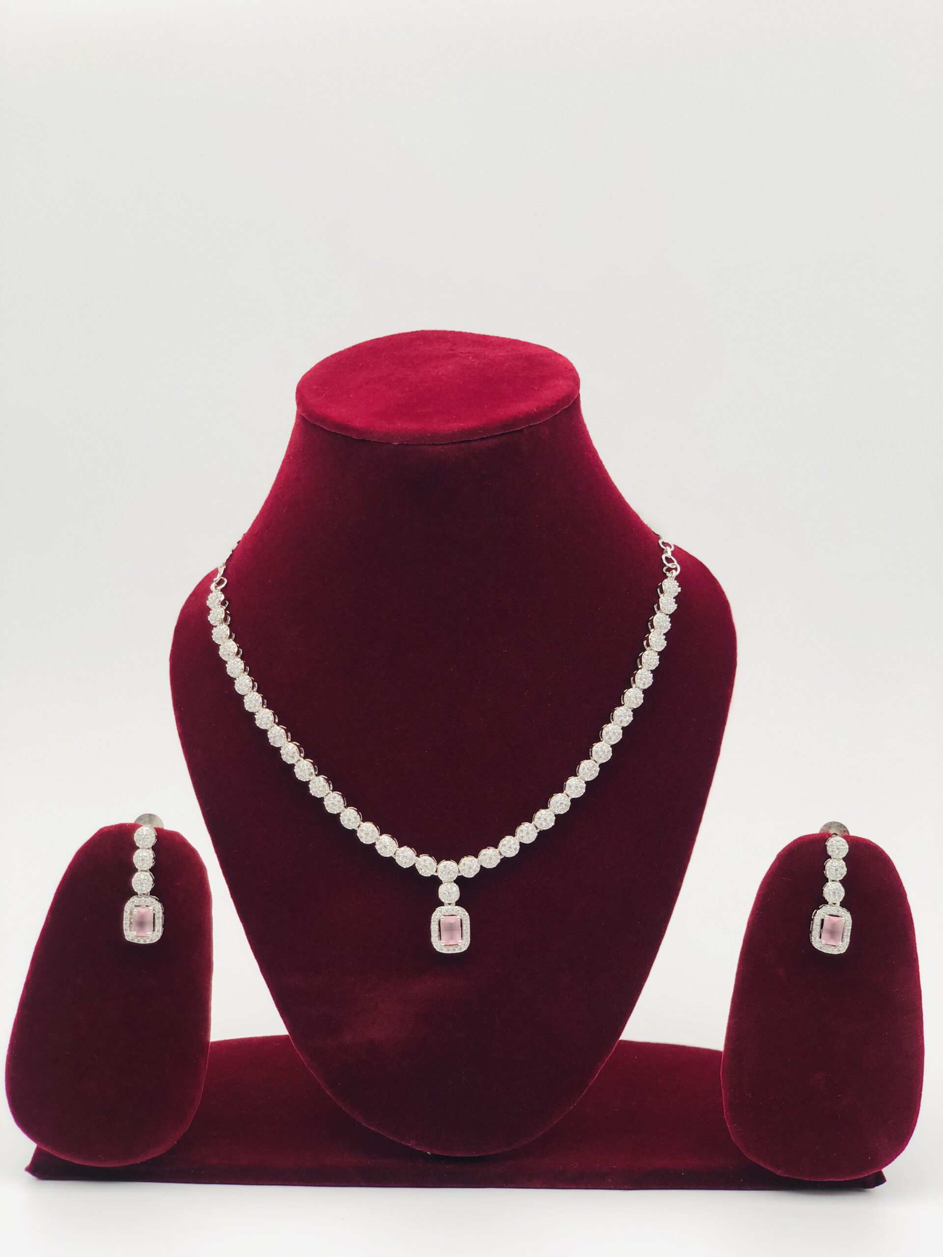 Pink & White Stone Silver Tone Necklace Set - Image 3