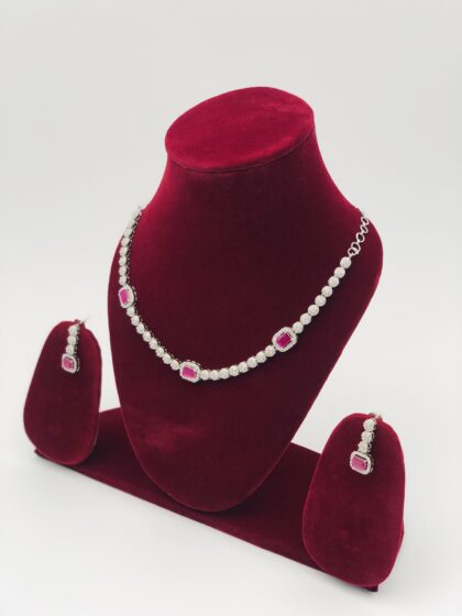 Ruby & White Stone Silver Tone Necklace Set