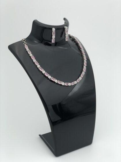 Pink & White Stone Silver Toned Necklace Set