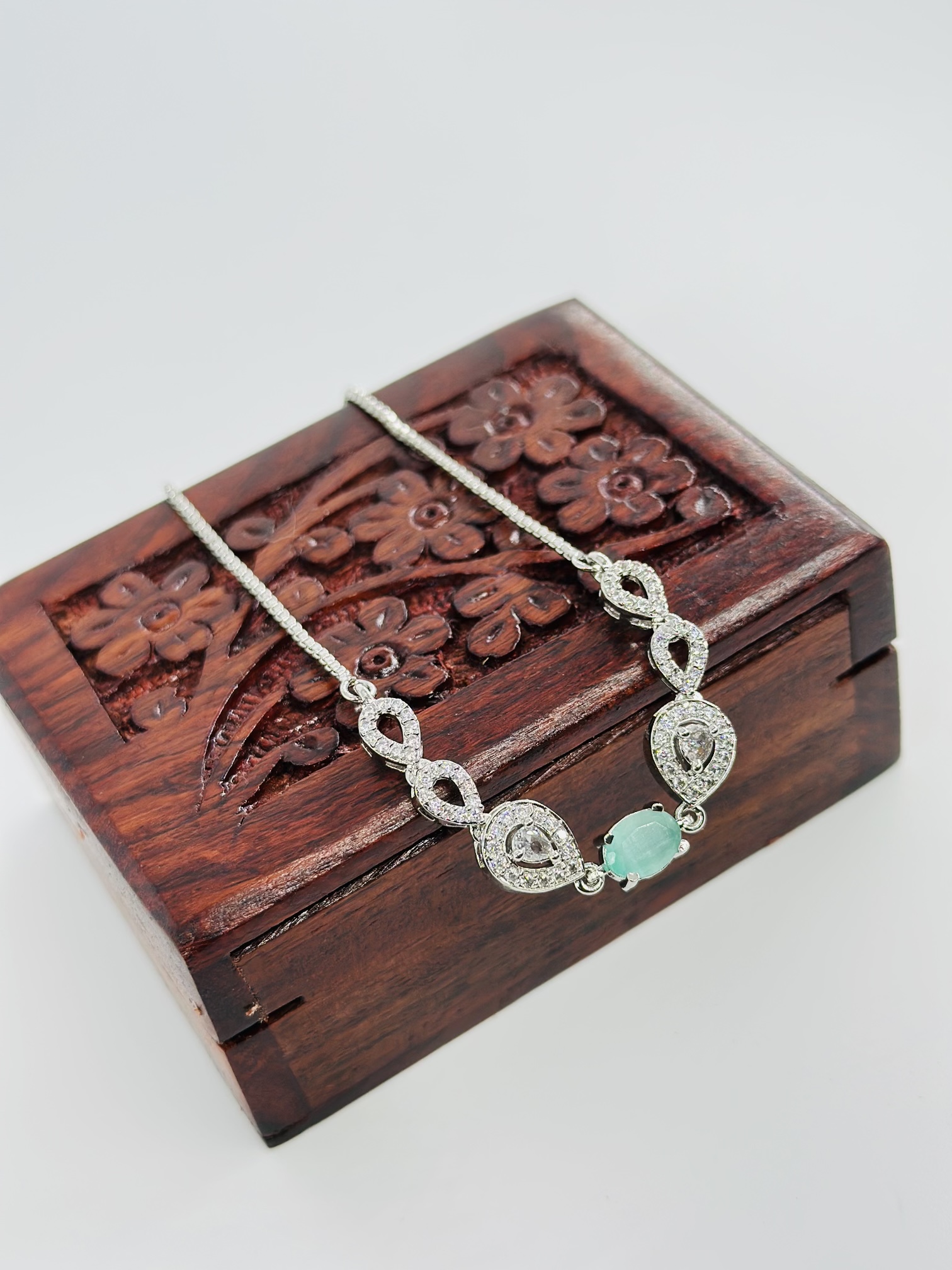 Light Green Stone & CZ Rhodium-Tone Bracelet - Image 4