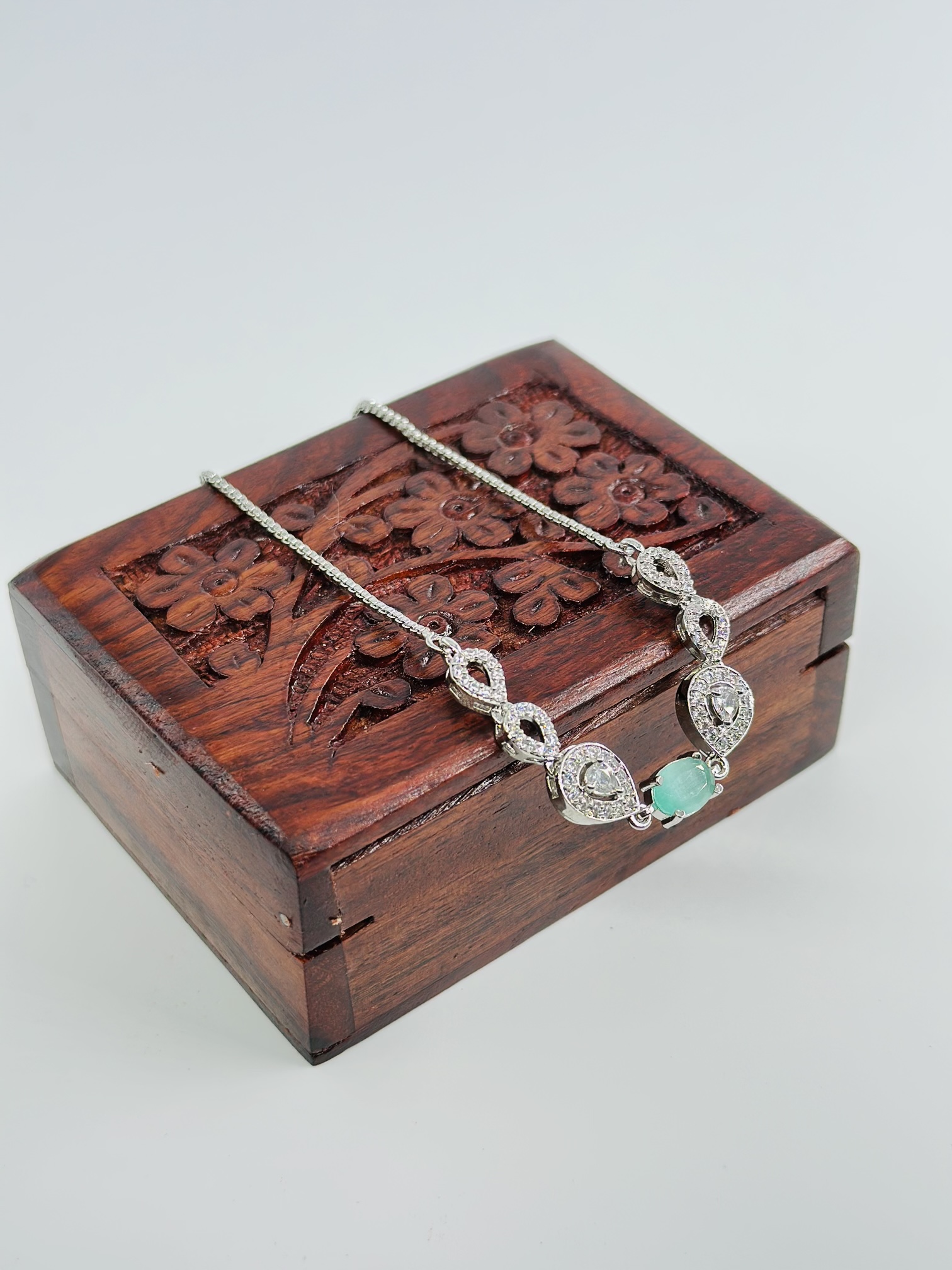 Light Green Stone & CZ Rhodium-Tone Bracelet - Image 3
