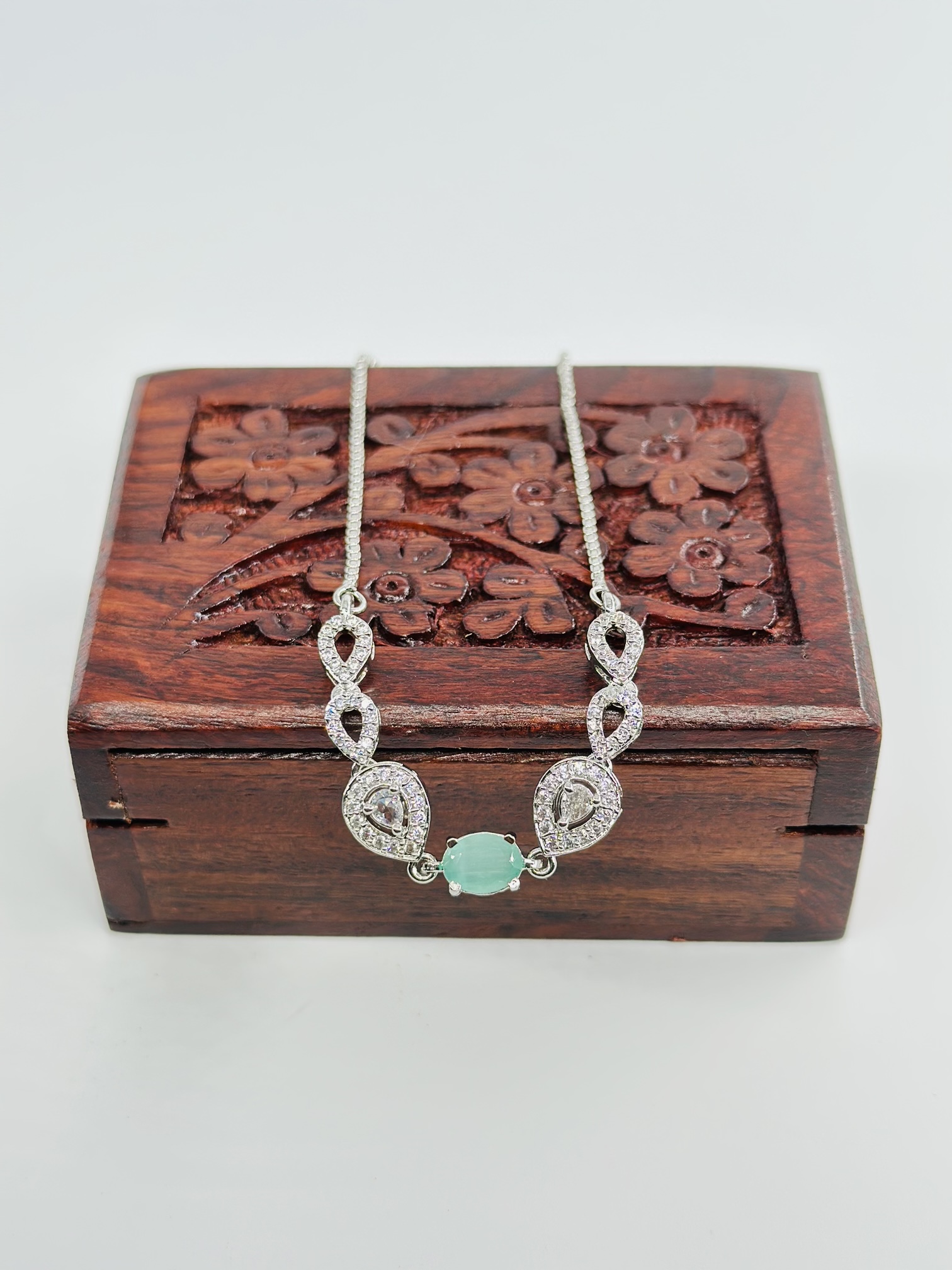 Light Green Stone & CZ Rhodium-Tone Bracelet