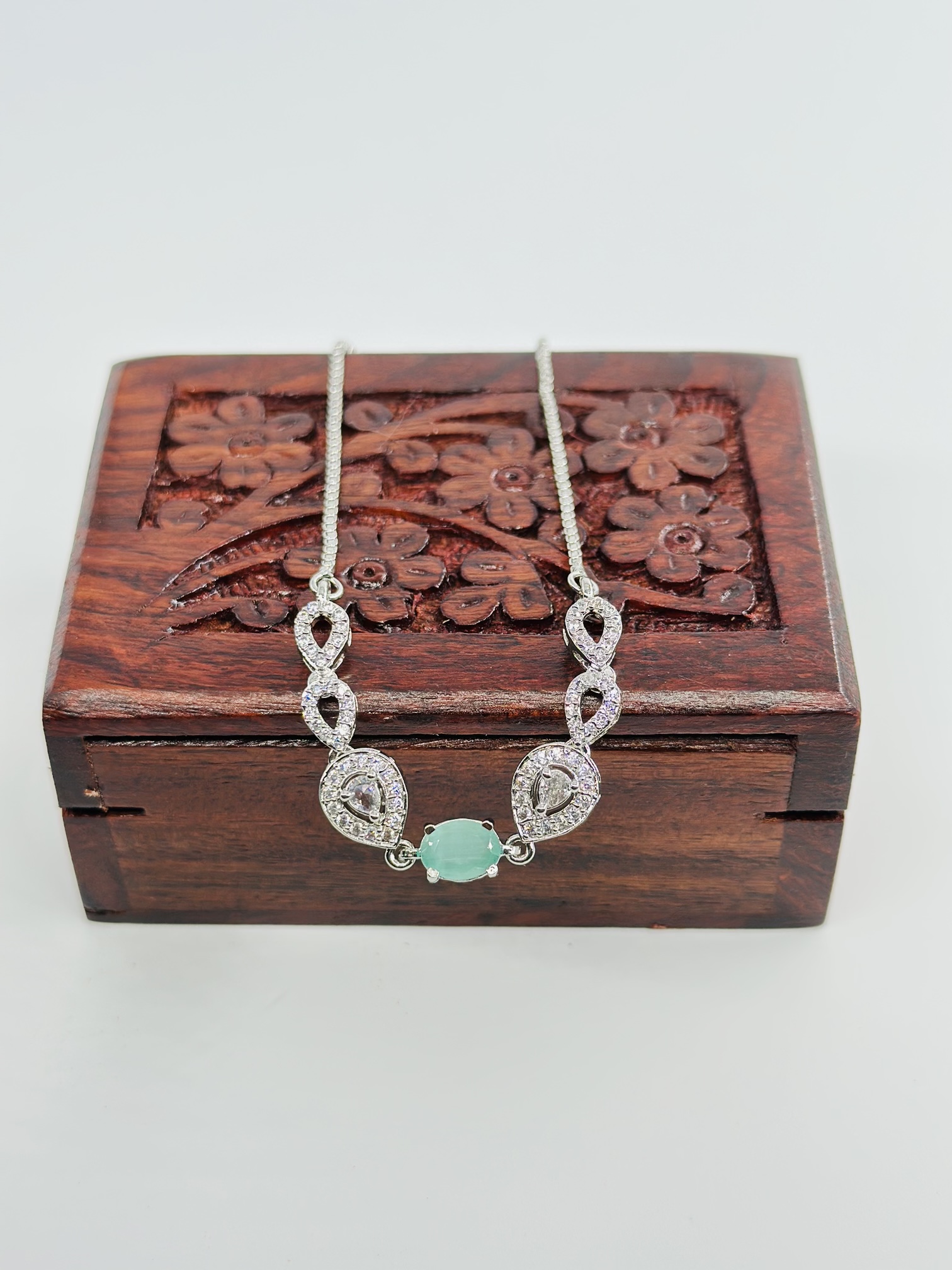 Light Green Stone & CZ Rhodium-Tone Bracelet - Image 2